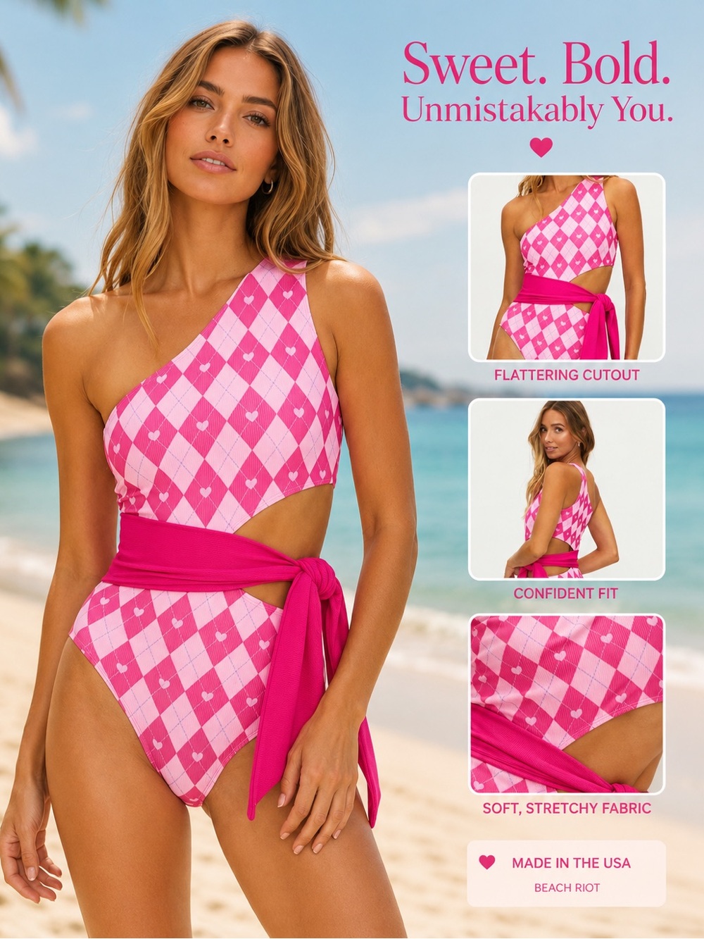Beach Riot Pink Argyle One-Shoulder One-Piece with Waist Tie